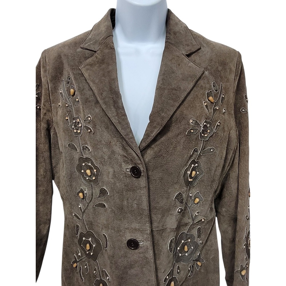 Vintage Attitude Suede Leather Jacket Lightweight Floral Applique Beaded Green